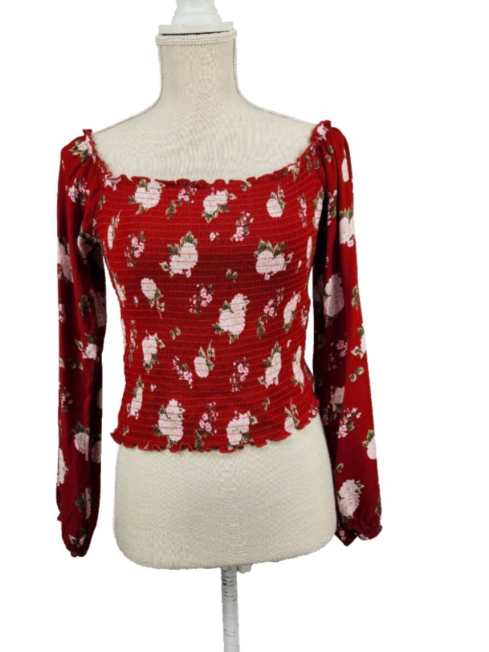Hollister Crop Top Womens L Red Floral Of Shoulder Smocked Long Sleeve Cottage